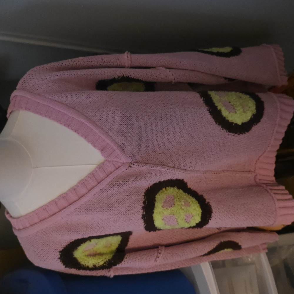 POL V-Neck Sweater in Pink with Green Accents